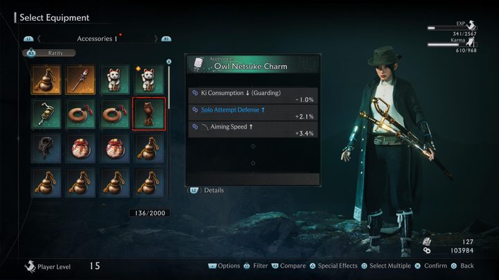 An accessory menu in Rise of the Ronin.