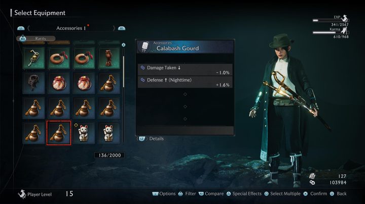 An accessory menu in Rise of the Ronin.
