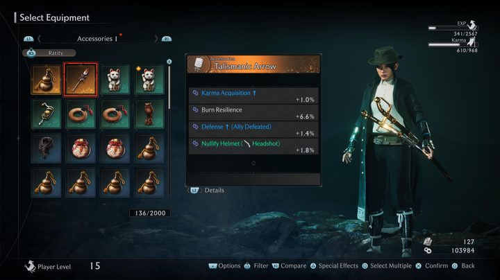 An accessory menu in Rise of the Ronin.