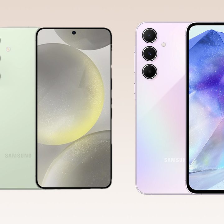 Renders of the Samsung Galaxy S24 and Galaxy A55 next to each other.