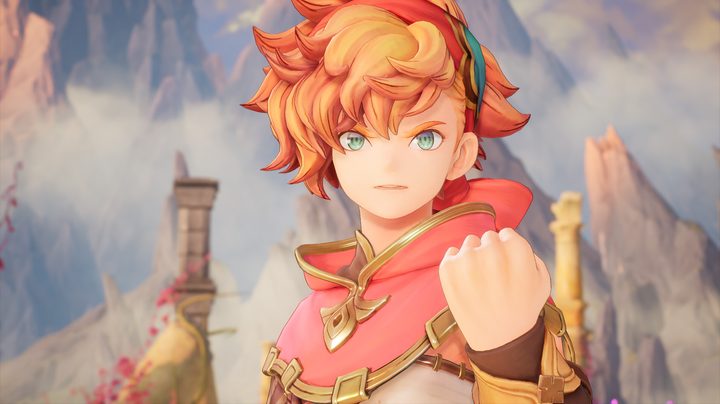 A red haired figure stands with his clenched fist raised in Visions of Mana