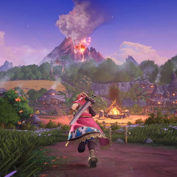 A sword wielding boy rushes toward a rural village as a volcano erupts in the background in Visions of Mana.