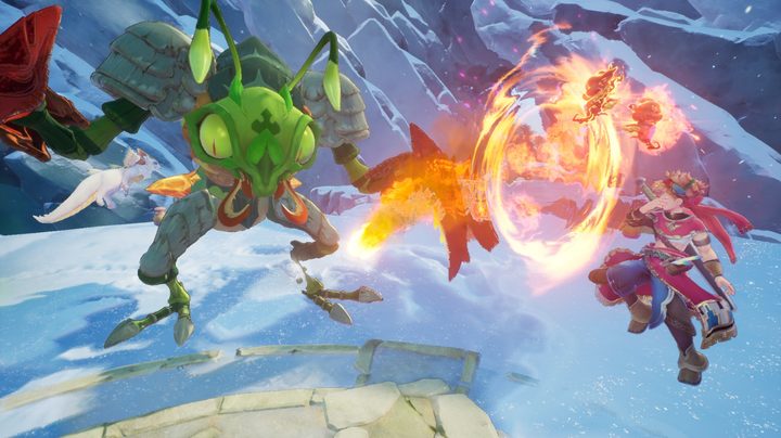 A circle of fire launches flames at a giant mantis boss in Visions of Mana