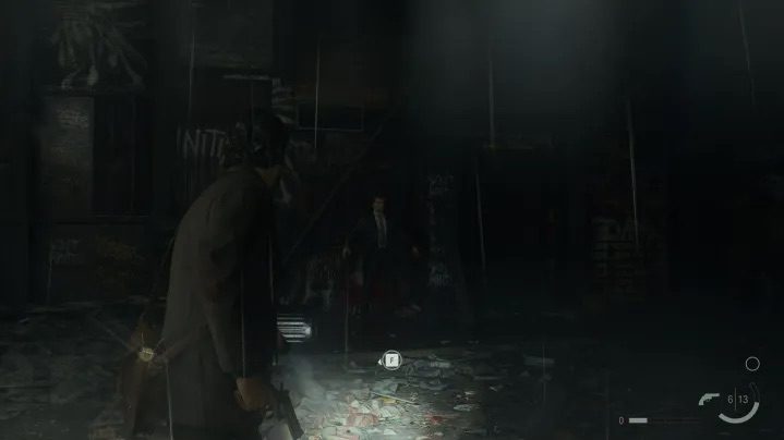 A screenshot from Alan Wake 2, showing a dark environment.