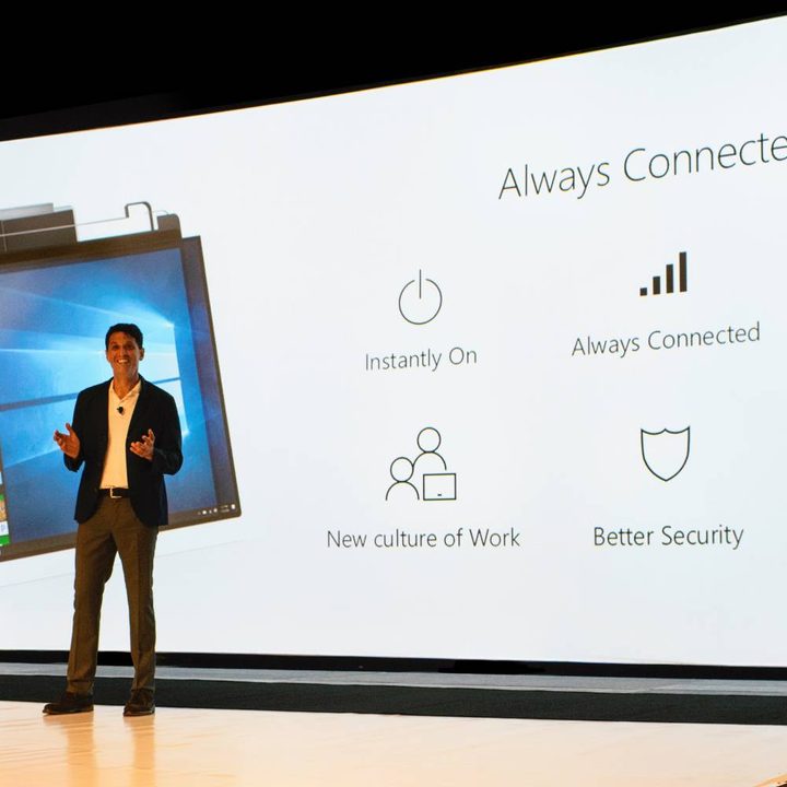 A Microsoft spokesperson announcing Always Connected PCs from the stage.