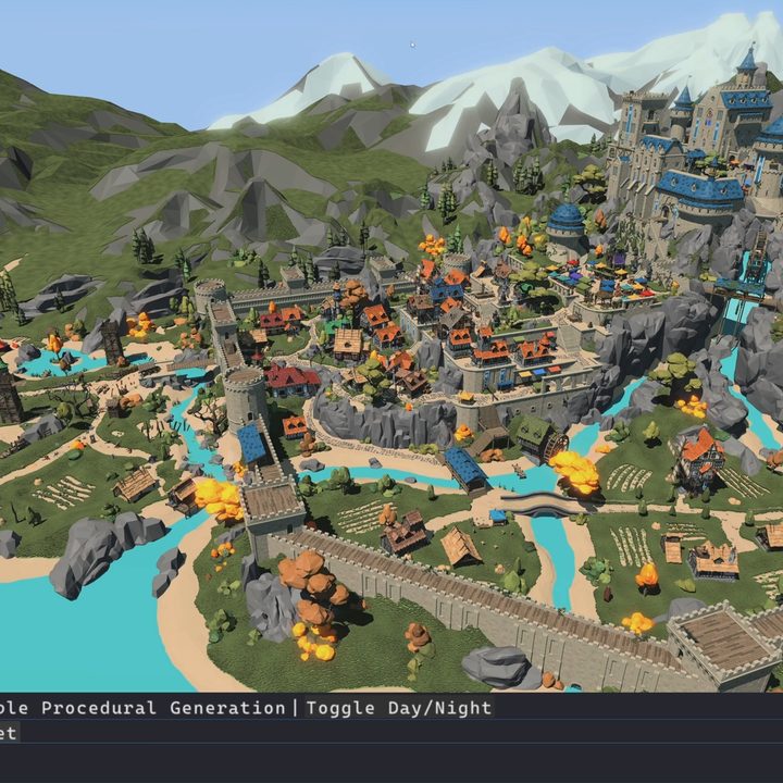 A demo of AMD GPU work graphs featuring in-game scenery including a castle and a town.