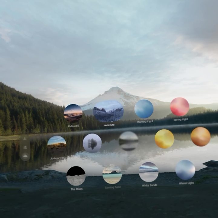 A menu screen overlayed a picture of Mt. Hood on an Apple Vision Pro.