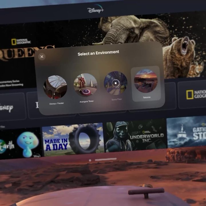 A Disney + menus screen seen on an Apple Vision Pro display.