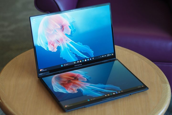 Asus Zenbook DUO 2024 front view showing dual displays.
