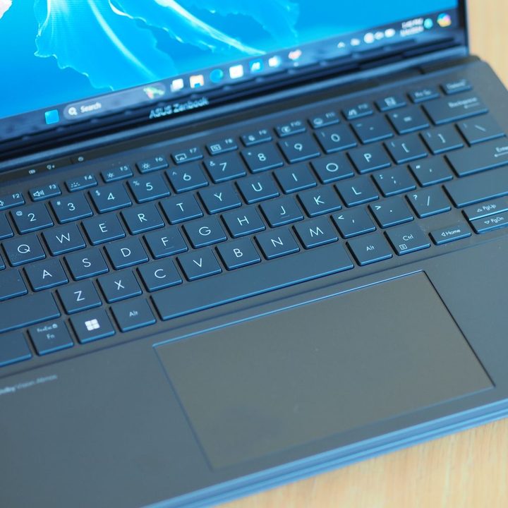 Asus Zenbook DUO 2024 top down view showing keyboard and touchpad.