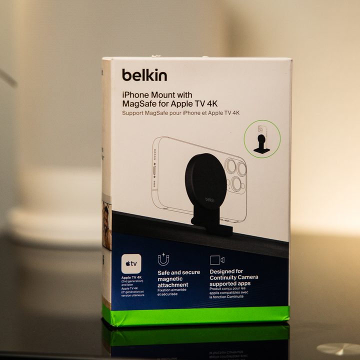 The box for the Belkin iPhone Mount with MagSafe for Apple TV 4K.