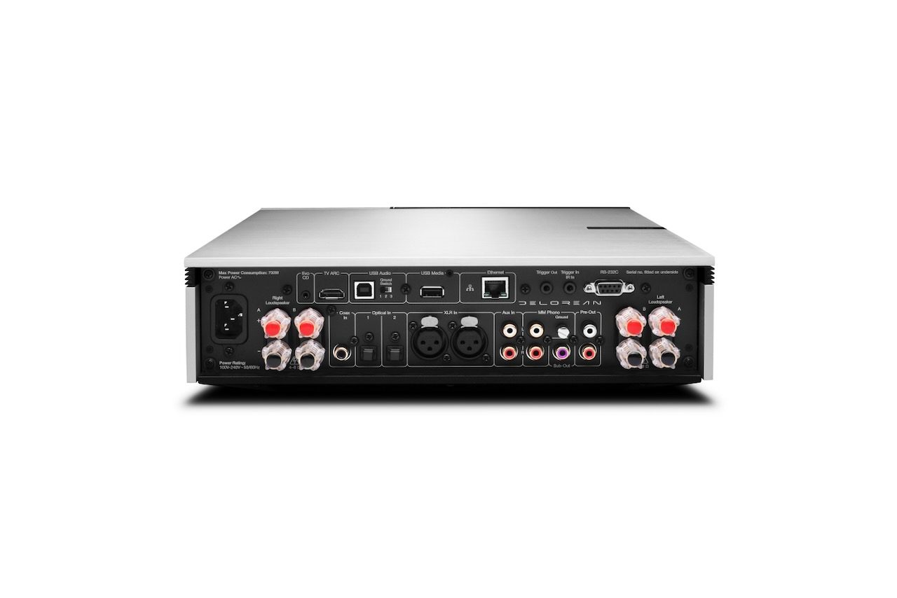 The rear of the Cambridge Audio Evo 150 DeLorean Edition integrated amplifier and network streamer &ndash;&nbsp;new DeLorean logo.
