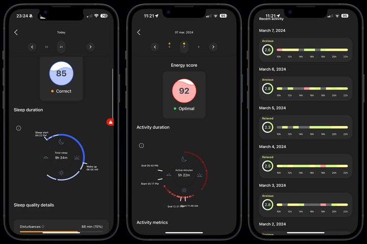 Screenshots taken from the Circular Ring Slim's app.