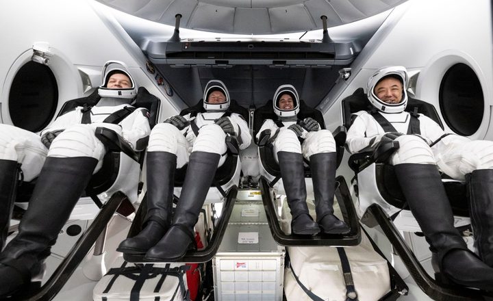 Roscosmos cosmonaut Konstantin Borisov, left, ESA (European Space Agency) astronaut Andreas Mogensen, NASA astronaut Jasmin Moghbeli, and Japan Aerospace Exploration Agency (JAXA) astronaut Satoshi Furukawa are seen inside the SpaceX Dragon Endurance spacecraft onboard the SpaceX recovery ship MEGAN shortly after having landed in the Gulf of Mexico off the coast of Pensacola, Florida, Tuesday, March 12, 2024. Moghbeli, Mogensen, Furukawa, and Borisov are returning after nearly six-months in space as part of Expedition 70 aboard the International Space Station.