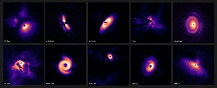 The images shown here were captured using the Spectro-Polarimetric High-contrast Exoplanet REsearch (SPHERE) instrument mounted on ESO’s Very Large Telescope (VLT). SPHERE’s state-of-the-art extreme adaptive optics system corrects for the turbulent effects of Earth’s atmosphere, yielding crisp images of the discs around stars. The stars themselves have been covered with a coronagraph — a circular mask that blocks their intense glare, revealing the faint discs around them.