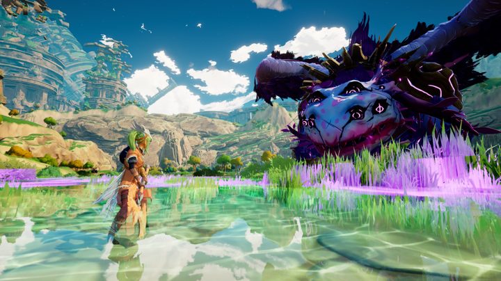 A green haired character stands ready with an axe, a large purple lizard like creature staring them down in Fera: the Sundered Tribes.