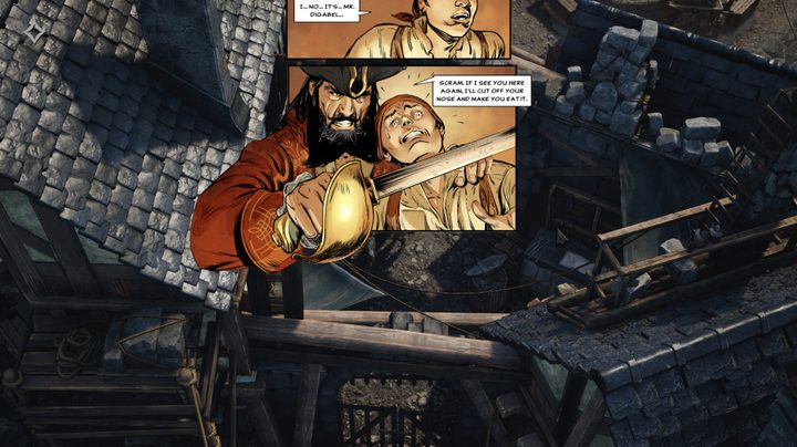 A graphic novel segment of Flint: Treasure of Oblivion shows a pirate with a sword.
