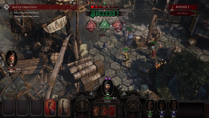 A pirate prepares to attack after a successful dice roll in Flint: Treasure of Oblivion.