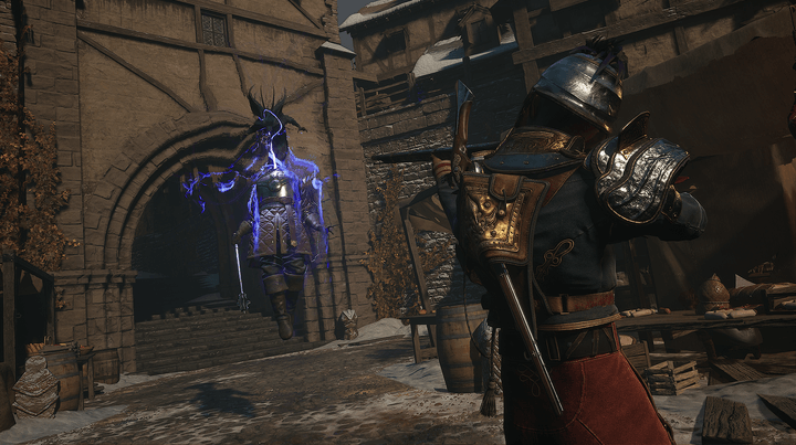 Nor aims a gun at an enemy in Flintlock: The Siege of Dawn.