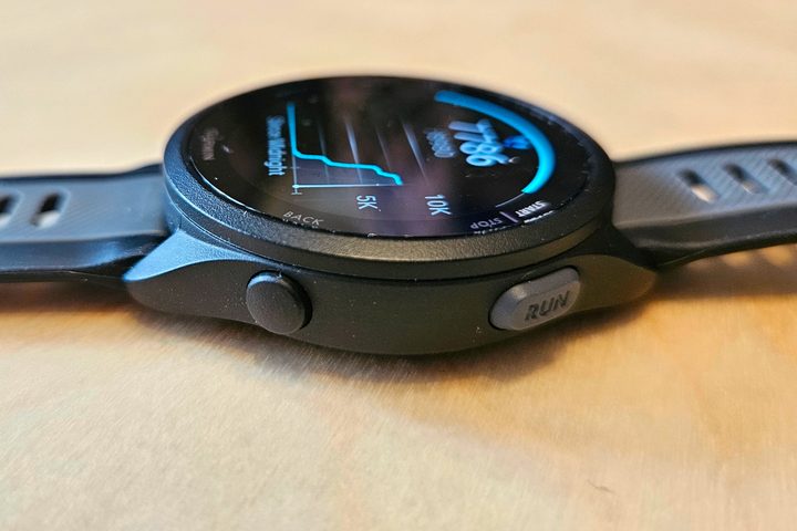 The Run and back buttons on the Garmin Forerunner 165 Music.