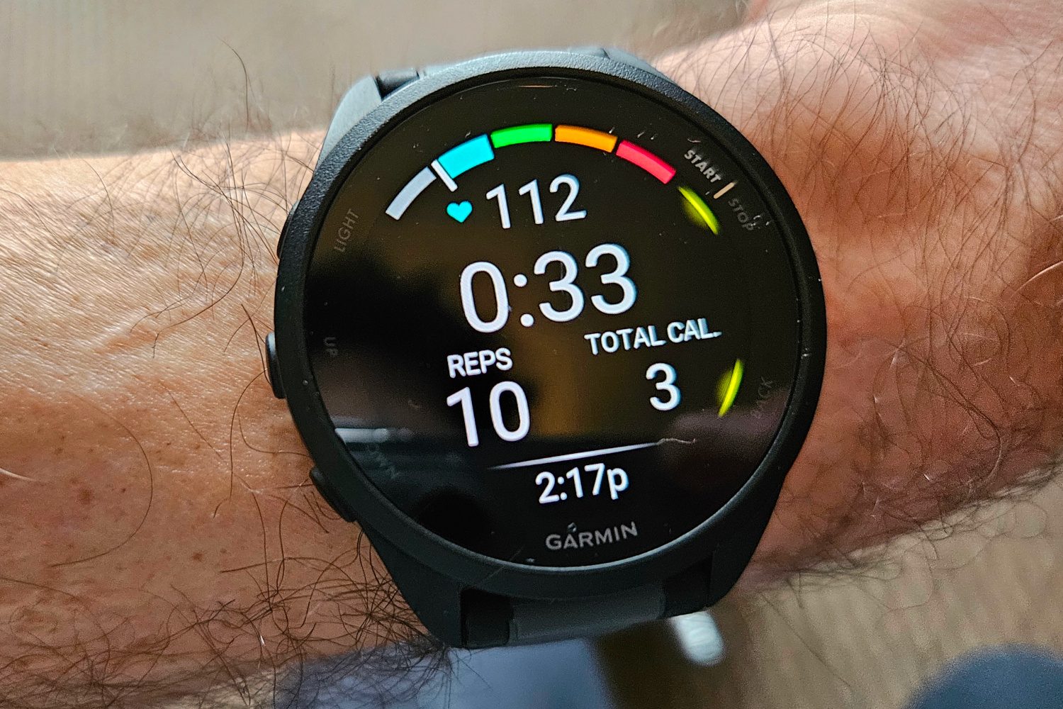 A strength workout underway on the Garmin Forerunner 165 Music.