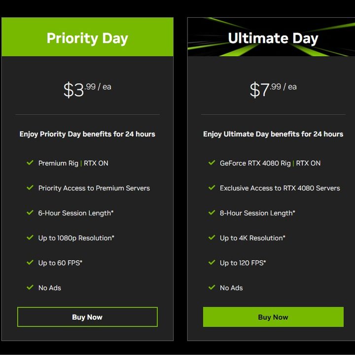 Nvidia's day pass options for GeForce Now.