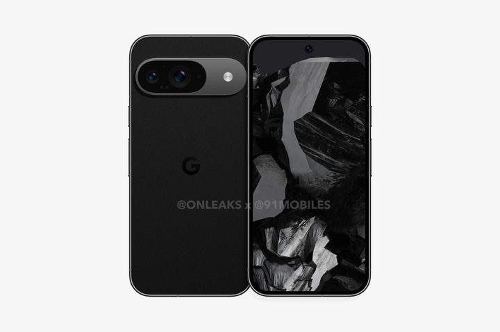 A render of the Google Pixel 9 smartphone in black.