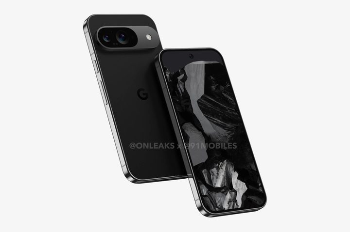 A render of the Google Pixel 9 smartphone in black.