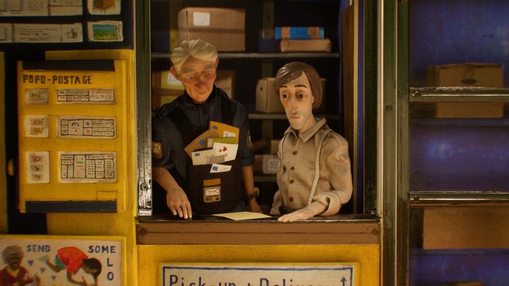 Harold Halibut stands next to a mailman.