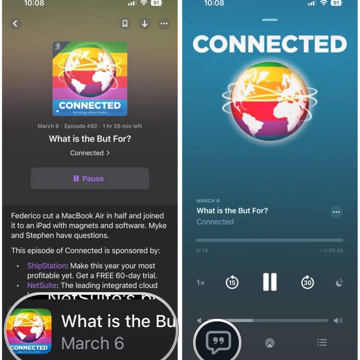 Once it's playing, select the Now Playing bar, then select the Transcript button.