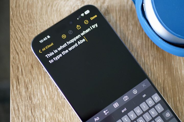 Words displayed on an iPhone's screen in the Notes app, with the keyboard below them.