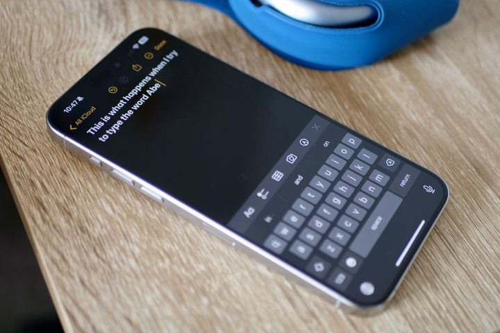 Words displayed on an iPhone's screen in the Notes app, with the keyboard below them.