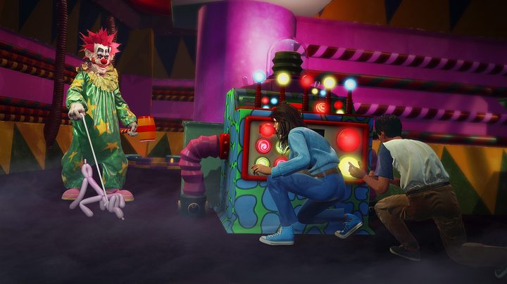 Survivors hide from a Klown in Killer Klowns From Outer Space: The Game.