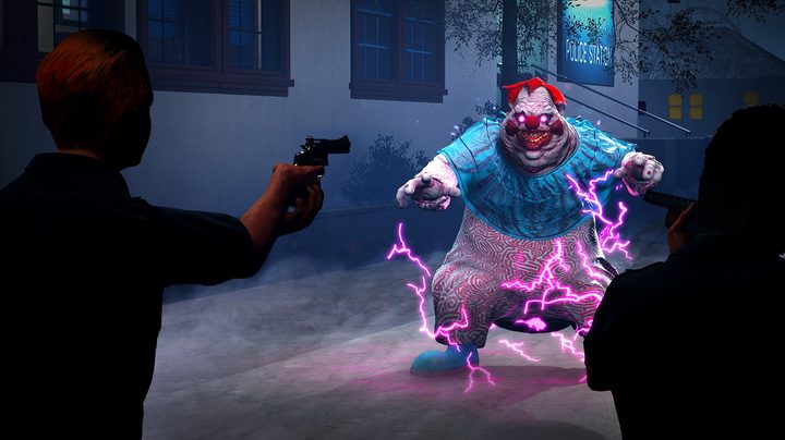 A survivor aims a gun at a clown in Killer Klowns from Outer Space.