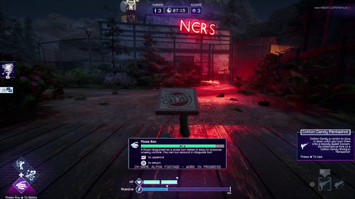 A Klow has disguides itself as a pizza box and is walking down a path in Killer Klowns from Outer Space