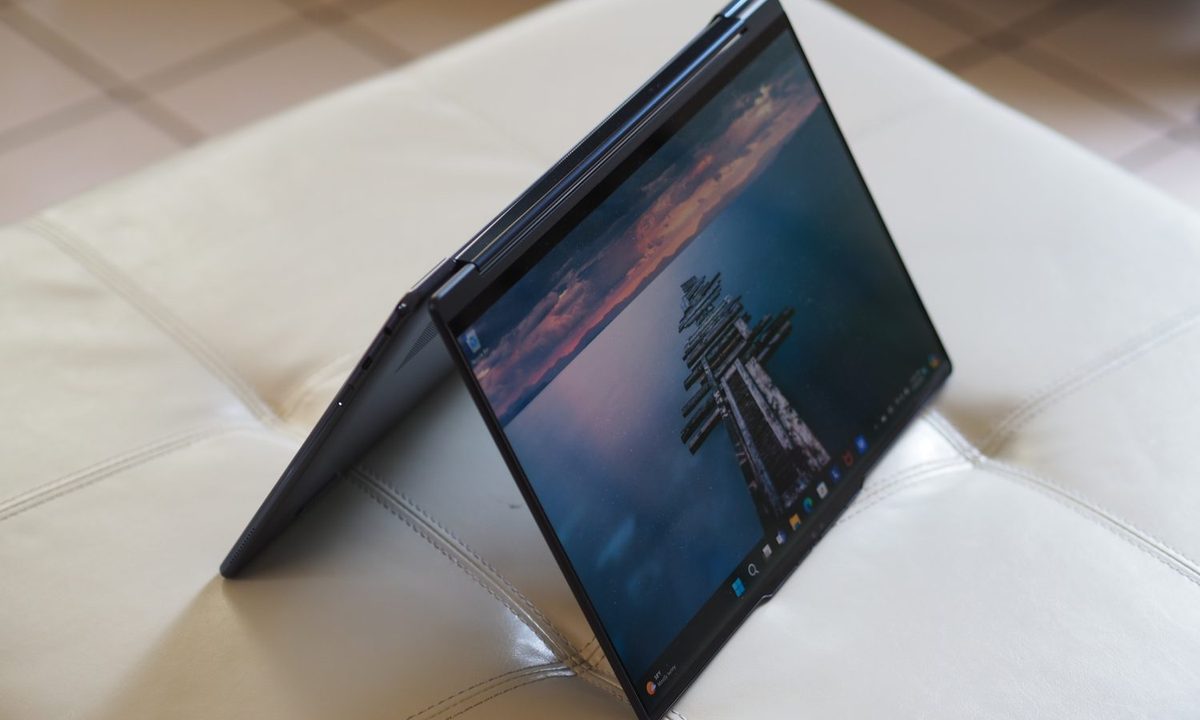 Lenovo Yoga 9i Gen 9 top down view showing tent mode.