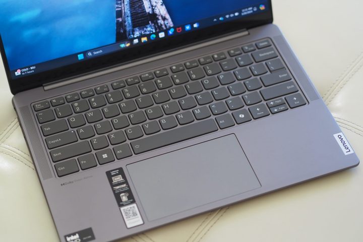 Lenovo Slim 7i Gen 9 top down view showing keyboard and touchpad.