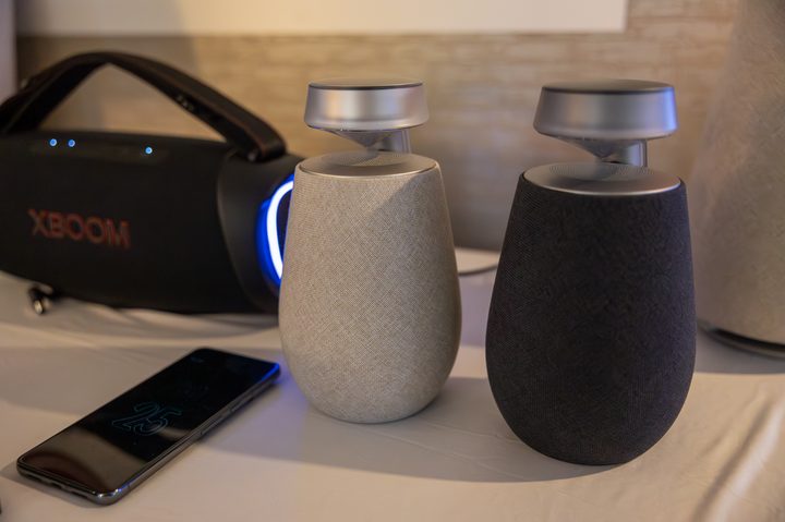 A pair of LG XBoom 360 portable speakers.