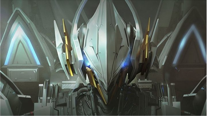 Mecha Break robot head with glowing blue eyes
