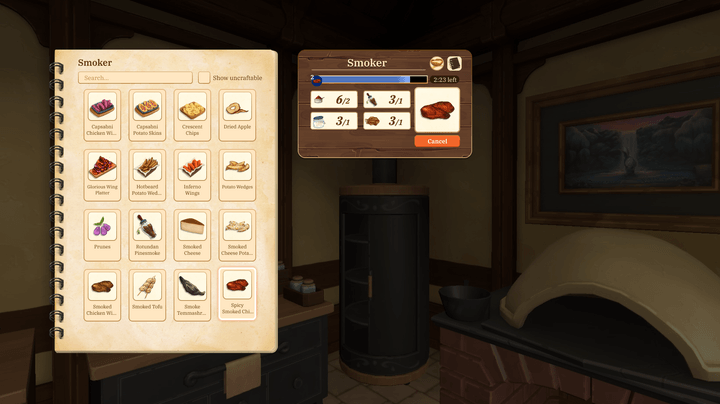 A list of crafting recipes appears in Merchants of Rosewall.