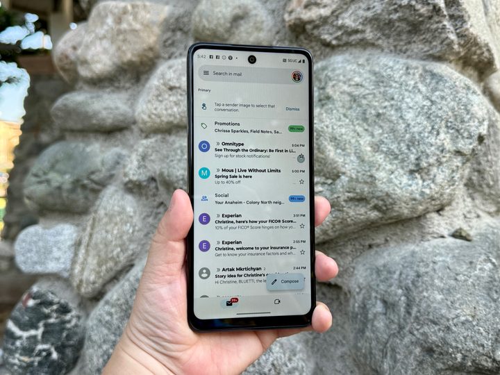 Moto G 5G (2024) in Sage Green showing Gmail.