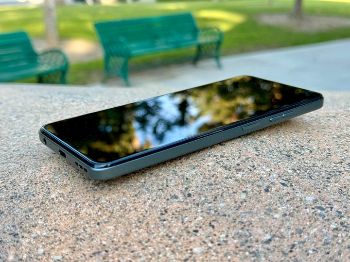 Moto G 5G (2024) in Sage Green showing frame edges.