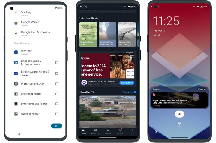 Screenshots of preinstalled apps, the Weather app, and Glance Lock Screen on the Moto G Power 5G (2024).
