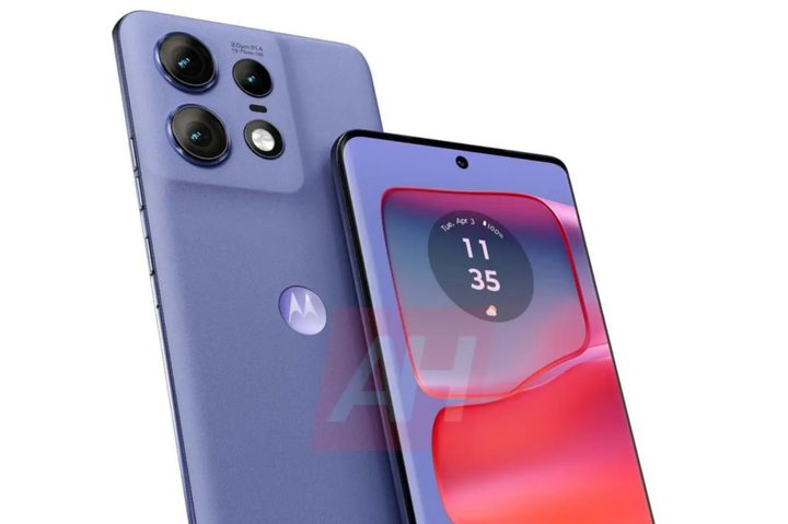 A leaked render of the purple Motorola Edge Plus (2024), showing the front and back of the phone.