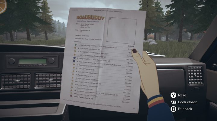 Tess holds printed directions in Open Roads.