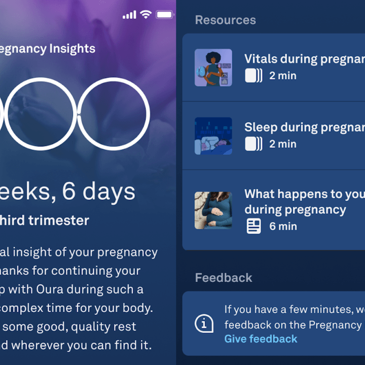 Screenshots of Oura Ring's Pregnancy Insights feature.