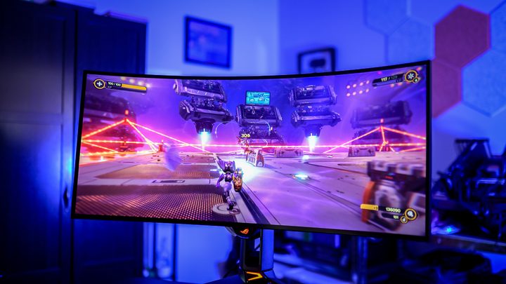 Ratchet and Clank Rift Apart on the Asus ROG Swift PG34WCDM.