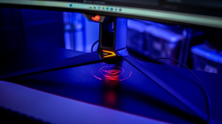 Logo shining under the Asus ROG Swift PG34WCDM.