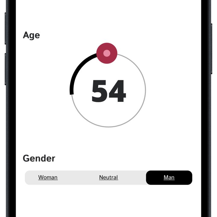 PSB Speakers Headphones app for iOS: Audiodo age/sex settings.
