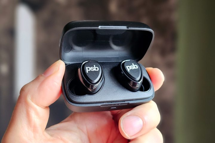 PSB Speakers M4U TWM earbuds in open charging case.